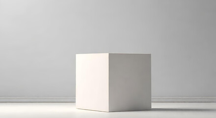 White 3D cube on a white background The cube is in the center of the image and is facing the viewer, The absence of an object on a plain white pedestal
