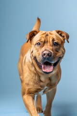 portrait of a mastiff, dog walking towards the right in front of a light blue background