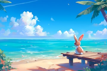 cartoon rabbit sitting on the beach pier
