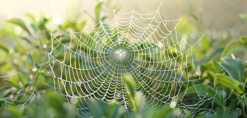 The delicate structure of a spidera??s web, glistening with dew against a backdrop of soft-focus green foliage. The web occupies a central space, 