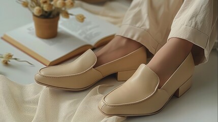 Beige square toe flat shoes with a thin sole, in a simple style, made of leather material, on a beige background, with a book and small plant. top view. Generative AI.