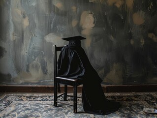 A cap and gown draped over a chair. 
