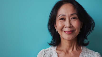 A woman with a smile on her face is standing in front of a blue wall