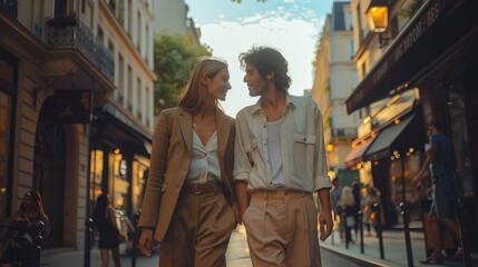 A woman and a man in a fashion sophisticated look, dressed with sartorial trousers, shirt and t-shirt, while walk on a street in Paris in a summer morning. Generative AI.