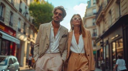 Fototapeta premium A woman and a man in a fashion sophisticated look, dressed with sartorial trousers, shirt and t-shirt, while walk on a street in Paris in a summer morning. Generative AI.