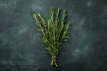 Bunch of fresh rosemary on dark slate background. Studio food photography. Culinary herbs concept. Design for recipe book, food blog, herb packaging