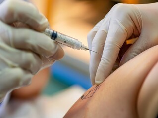 A medical professional marking areas of concern on skin with a pen. 