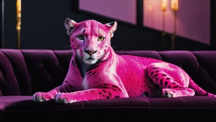 Pink panther lies on a velvet sofa, furniture store advertising banner