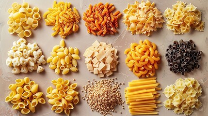 Assorted types of pasta arranged in rows on light background. Flat lay food photography. Pasta variety and cooking concept. Design for culinary magazine, recipe book, food packaging
