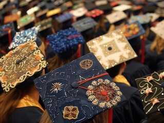 The proud display of decorated mortarboards.