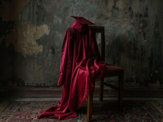 A cap and gown draped over a chair.