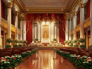 An auditorium decorated for the ceremony. 