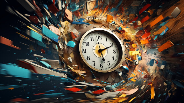 Artistic digital rendering of a clock exploding into vibrant, colorful shards, symbolizing urgency or the passage of time.
