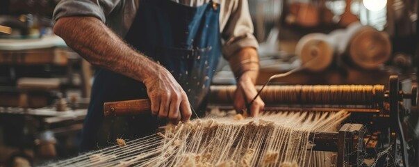 Artisan hands skillfully working on a colorful textile on a traditional wooden loom, demonstrating craftsmanship
