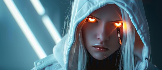 Woman with white hair beautiful cyberpunk style in white hoodie shining eyes AI generated image