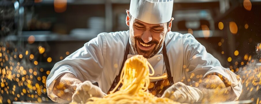 Chef in white attire expertly making fresh pasta in a stylishly designed modern kitchen environment, exhibit culinary art