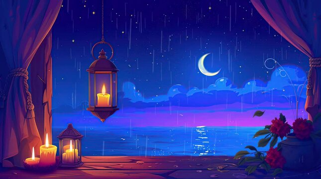 Enchanting Arabic room with lamp overlooking a serene lake through rain-streaked window at night. Tranquil ambiance.
Seamless looping 4k time-lapse virtual video animation background. Generated AI