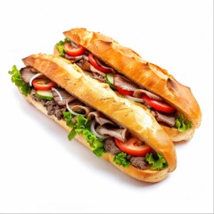 Two mouthwatering baguette sandwiches are stacked on top of each other