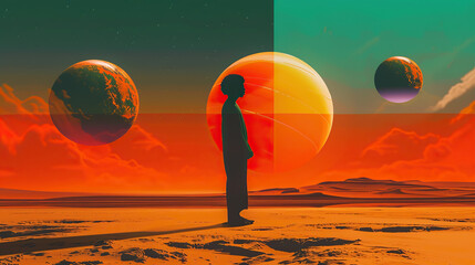 Person with planets in desert