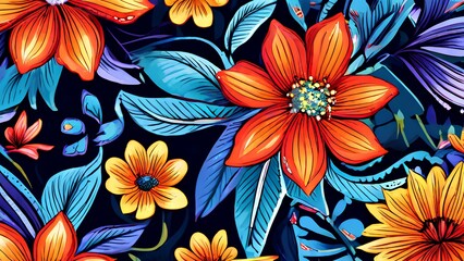 AI Illustration of Floral delight creating a vibrant floral pattern with bold blossoms