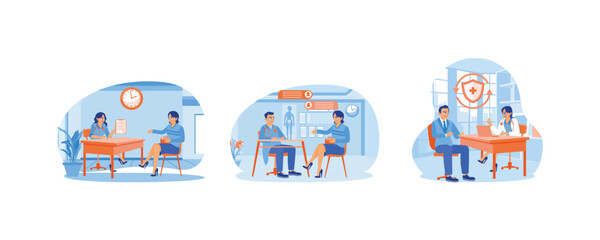 Fototapeta premium Patient meets doctor. Consult at a health clinic. Consult about disease symptoms and treatment. Medical Consultation concept. Set flat vector illustration.