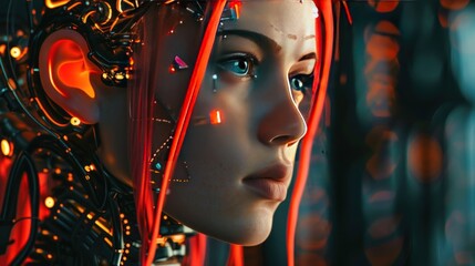 Woman cyborg Close up of red hair cybernetic cyber background wallpaper AI generated image