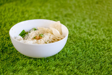 A Bowl of Stir Fried Noodles on Grass