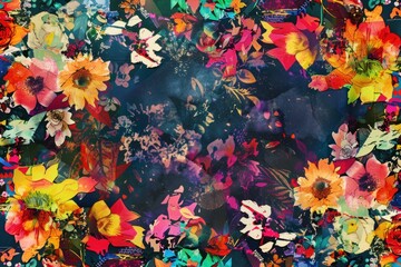 Vibrant floral pattern on dark background with blue sky, beautiful and colorful design for digital use
