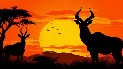 Safari sunset with silhouettes of african wildlife against a setting sun