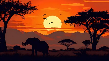 Safari sunset with silhouettes of african wildlife against a setting sun