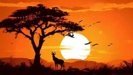 Safari sunset with silhouettes of african wildlife against a setting sun