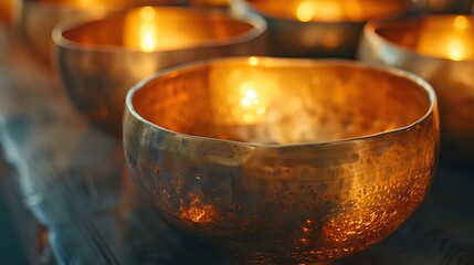 close-up of several singing bowls