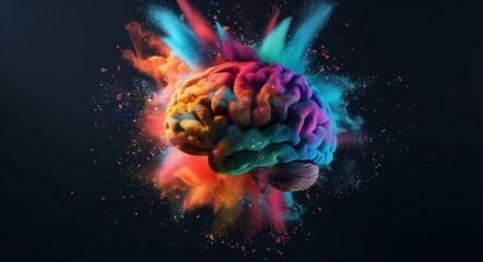 A colorful brain made of powder is exploding on a black background, a creative concept for ideas and imagination in business or education