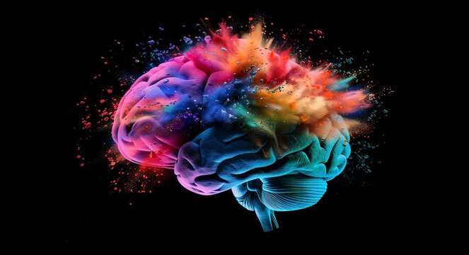 A colorful brain made of powder is exploding on a black background