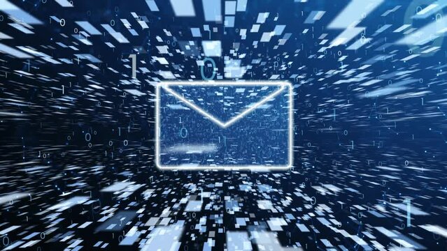 Digital mail icon with binary numbers and glowing rectangle shapes flying animation.