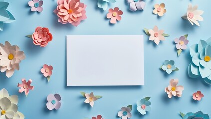 The empty card is surrounded by colorful paper cut flowers on blue background, top view. Spring or summer floral concept