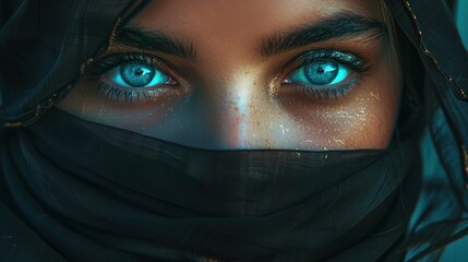 Cyberpunk mysterious style portrait of beautiful closed face young woman veil with blue eyes AI generated image