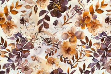 Brown and white floral pattern with leaves and flowers on beige and white fabric background