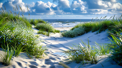 Sandy Beach Dune with Green Grass, Tranquil Summer Coastline, Serene Seascape