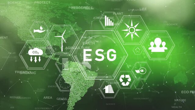 Ecology word cloud with world map and esg icons animation background. Concept Environment, society and governance.