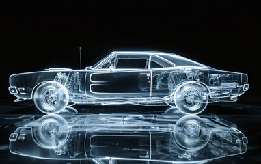 X-Ray View of Classic Car Engineering, Displaying Internal Mechanics.  The visualization captures the car's sleek design and complex engineering, highlighting components usually hidden under the chass