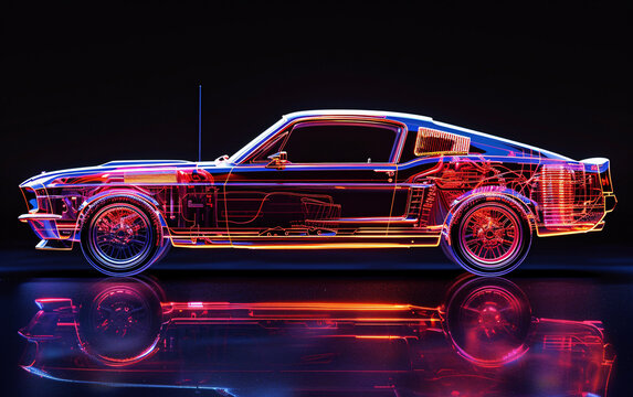 X-Ray View of Classic Car Engineering, Displaying Internal Mechanics.  The visualization captures the car's sleek design and complex engineering, highlighting components usually hidden under the chass