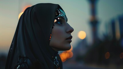 Woman model in hijab modern cyberpunk technology bokeh background AI generated image