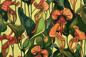 Seamless pattern of pitcher plants with leaves and flowers on a yellow background, botanical illustration
