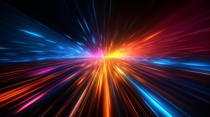 Fototapeta premium A colorful, glowing light that looks like a starburst. The light is made up of many different colors, including blue, red, and yellow. The light is very bright