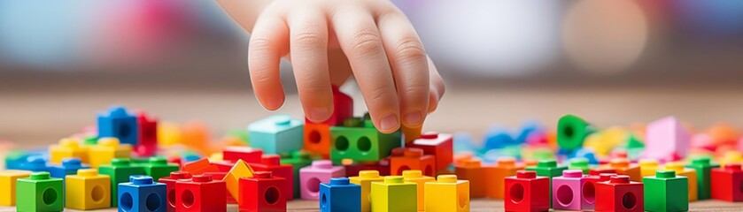 A child is playing with a pile of colorful legos. The child is reaching for a piece of the colorful...