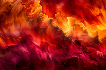 A fiery display of reds, oranges, and yellows, with the dynamic movement of the colors resembling a dance of flames in an abstract fireplace.