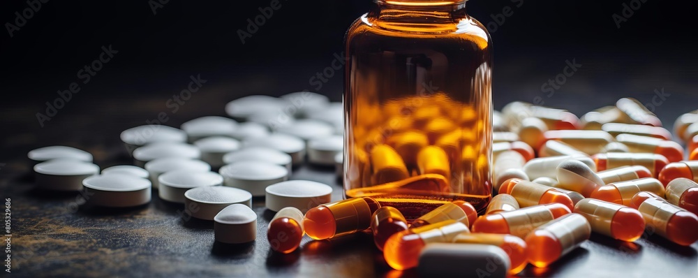 Poster a bottle of pills sits on a table with many other pills scattered around it. concept of disarray and