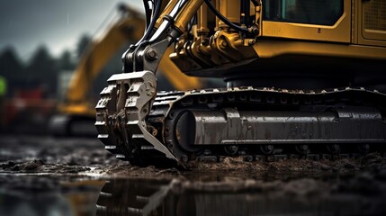 A yellow construction vehicle with a large claw on the front. The claw is digging into the ground