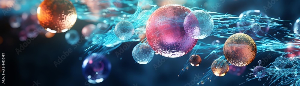 Poster a colorful image of many small spheres floating in a blue background. the spheres are of different c